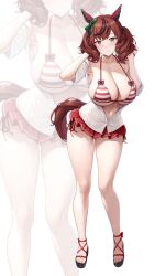 Rule 34 | 1girl, absurdres, alternate breast size, animal ears, bikini, breasts, brown hair, cleavage, closed mouth, collarbone, full body, green eyes, highres, horse ears, horse girl, horse tail, huge breasts, kannko bokujou, looking at viewer, medium hair, multiple views, navel, nice nature (umamusume), short sleeves, sideboob, smile, standing, striped bikini, striped clothes, swimsuit, tail, thighs, toes, twintails, umamusume, underboob, white background, zoom layer