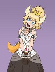 Rule 34 | 1girl, apron, armlet, bare shoulders, black dress, black lips, blonde hair, blue eyes, bowsette, bracelet, breasts, cleavage, collar, cupcake, dress, earrings, fangs, food, horns, jewelry, lips, lipstick, looking at viewer, makeup, mario (series), medium breasts, monster girl, new super mario bros. u deluxe, nintendo, open mouth, ponytail, purple background, siansaar, simple background, slit pupils, smile, solo, spiked armlet, spiked bracelet, spiked collar, spiked shell, spiked tail, spikes, super crown, tail, teeth, tongue