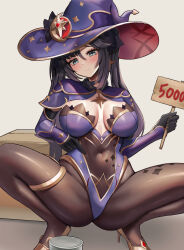Rule 34 | 1girl, absurdres, black gloves, black ribbon, blue eyes, blush, box, breasts, brown pantyhose, cleavage, closed mouth, covered navel, genshin impact, gloves, gold footwear, hair ornament, hair ribbon, hat, high heels, highres, holding, large breasts, large hat, leotard, long hair, looking at viewer, mona (genshin impact), onedoo, pantyhose, purple hat, purple leotard, ribbon, solo, spread legs, squatting, thighs, twintails, witch hat