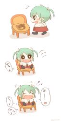 Rule 34 | 10s, 1girl, beamed quavers, blush, chair, chibi, comic, commentary request, closed eyes, green hair, hair between eyes, hair ribbon, heart, ina (1813576), japanese clothes, kantai collection, long hair, musical note, quaver, ribbon, simple background, sitting, smile, solo, speech bubble, spoken heart, spoken musical note, thought bubble, twintails, white background, white ribbon, zuikaku (kancolle)