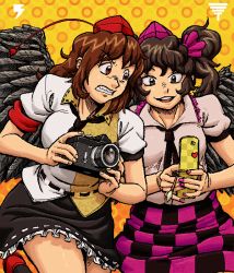 Rule 34 | &gt;:d, 2girls, :d, angry, bow, breasts, brown eyes, brown hair, camera, cellphone, cellphone radio bar, checkered clothes, checkered skirt, clenched teeth, commentary, double spoiler, female focus, hair bow, hat, himekaidou hatate, leg up, multiple girls, nail polish, necktie, open mouth, phone, polka dot, polka dot background, ragathol, red eyes, shameimaru aya, shirt, skirt, smile, teeth, tokin hat, touhou, twintails, v-shaped eyebrows, wings