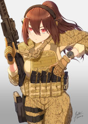 Rule 34 | 1girl, absurdres, brown hair, camouflage, edzactly, gun, highres, holding, holding gun, holding weapon, military operator, original, ponytail, red eyes, reloading, rifle, tactical clothes, weapon
