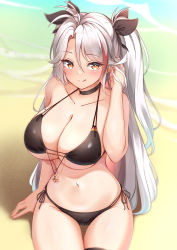 Rule 34 | 1girl, :q, absurdres, azur lane, bare arms, bare shoulders, beach, bikini, black bikini, black choker, black ribbon, blush, breasts, brown eyes, choker, cleavage, closed mouth, collarbone, groin, hair between eyes, hair ribbon, hand up, highres, large breasts, long hair, moyoron, multicolored hair, navel, official alternate costume, parted bangs, prinz eugen (azur lane), prinz eugen (unfading smile) (azur lane), red hair, ribbon, sand, side-tie bikini bottom, skindentation, smile, solo, streaked hair, swimsuit, thigh gap, thigh strap, tongue, tongue out, two side up, very long hair, water, white hair