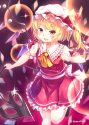 Rule 34 | 1girl, :d, absurdres, artist name, ascot, back bow, blonde hair, blush, bow, breasts, commentary request, crystal, danmaku, fang, flandre scarlet, foot out of frame, frilled shirt collar, frills, glint, hat, hat ribbon, highres, holding, holding polearm, holding weapon, kanzakietc, laevatein, looking at viewer, mob cap, one side up, open mouth, petticoat, polearm, puffy short sleeves, puffy sleeves, red bow, red eyes, red ribbon, red skirt, red vest, ribbon, short hair, short sleeves, skin fang, skirt, small breasts, smile, solo, sparkle, standing, standing on one leg, swept bangs, touhou, vest, weapon, white bow, white hat, wings, yellow ascot