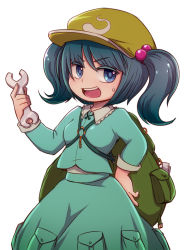 Rule 34 | 1girl, backpack, bag, blue eyes, blue hair, female focus, hair bobbles, hair ornament, hat, kawashiro nitori, kty (04), matching hair/eyes, open mouth, pocket, randoseru, shirt, skirt, skirt set, smile, solo, touhou, twintails, two side up, wrench