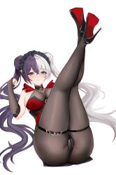 Rule 34 | 1girl, ass, azur lane, bilei, black footwear, black gloves, black pantyhose, blue eyes, breasts, bridal gauntlets, cleft of venus, closed mouth, crossed bangs, double bun, gloves, hair bun, hand up, high heels, highres, large breasts, legs up, long hair, looking at viewer, lying, maid headdress, multicolored hair, official alternate costume, on back, paid reward available, pantyhose, purple hair, red shirt, shirt, simple background, smile, solo, split-color hair, thigh strap, two-tone hair, very long hair, white background, white hair, ying swei (azur lane), ying swei (frolicking flowers verse i) (azur lane)