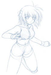 Rule 34 | 00s, 1girl, antenna hair, blue theme, breasts, johnny (from scratch), knee pads, large breasts, leg up, looking at viewer, lyrical nanoha, mahou shoujo lyrical nanoha, mahou shoujo lyrical nanoha strikers, monochrome, navel, short hair, simple background, solo, standing, standing on one leg, subaru nakajima, tomboy, white background