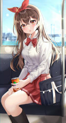 Rule 34 | 1girl, absurdres, alternate costume, amber (genshin impact), bag, bench, black socks, blurry, bow, bowtie, brown eyes, brown hair, can, commentary request, contemporary, depth of field, drink can, educk, fanta, genshin impact, hair between eyes, hairband, head tilt, highres, holding, holding can, kneehighs, long hair, long sleeves, looking at viewer, parted lips, pleated skirt, school bag, school uniform, shirt, sidelocks, sitting, skirt, socks, soda can, solo, sunlight, train interior, white shirt, window