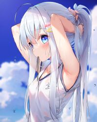 Rule 34 | 1girl, ahoge, armpits, arms up, blue eyes, blue sky, blush, breasts, cloud, cloudy sky, collarbone, commentary, day, grey hair, hair ornament, hair tie, hair tie in mouth, hairclip, hands in hair, highres, long bangs, long hair, looking at viewer, mouth hold, nagai noa (sironora), original, outdoors, ponytail, sironora, sky, sleeveless, small breasts, sweat, tying hair, upper body, water drop, wet
