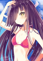Rule 34 | 1girl, bikini, black hair, blue sky, blush, breasts, closed mouth, cloud, cloudy sky, day, hair over one eye, hand on own head, hayashimo (kancolle), highres, hizaka, kantai collection, long hair, looking at viewer, one-hour drawing challenge, red bikini, simple background, sky, small breasts, solo, swimsuit, twitter username, very long hair, wet, wet hair, white background, yellow eyes