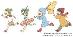 Rule 34 | 1girl, :d, ^ ^, azuma kiyohiko, barefoot, beanie, boots, child, closed eyes, coat, diving mask, diving mask on head, full body, goggles, goggles on head, hat, holding, holding umbrella, innertube, koiwai yotsuba, lowres, multiple views, one-piece swimsuit, open mouth, pocket, quad tails, raglan sleeves, raincoat, red hat, rubber boots, running, scarf, scuba, seasons, simple background, smile, snorkel, swim ring, swimsuit, umbrella, white background, yotsubato!
