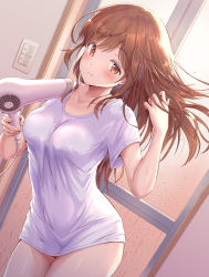 Rule 34 | 1girl, blush, breasts, brown eyes, brown hair, closed mouth, collarbone, commentary request, cowboy shot, drying, drying hair, dutch angle, frown, hair dryer, hirokazu (analysis-depth), holding, indoors, io (princess connect!), io (real) (princess connect!), light switch, long hair, medium breasts, no pants, princess connect!, shirt, short sleeves, solo, thighs, water, white shirt