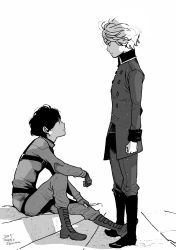Rule 34 | 10s, 2boys, aldnoah.zero, artist name, bodysuit, boots, buttons, countdown, dated, double-breasted, eye contact, fingerless gloves, gloves, greyscale, highres, kaizuka inaho, long sleeves, looking at another, male focus, military, military uniform, monochrome, multiple boys, profile, shimura takako, simple background, sitting, slaine troyard, uniform, white background