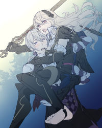 Rule 34 | 1boy, 1girl, alternate costume, armor, barefoot, black armor, blush, breasts, cape, carrying, cleavage, corrin (female) (fire emblem), corrin (fire emblem), dagger, dutch angle, feet, fire emblem, fire emblem fates, frills, gauntlets, gloves, grey eyes, hair between eyes, hair ribbon, hairband, jakob (fire emblem), knife, long hair, looking at another, looking at viewer, low ponytail, nintendo, no shoes, official alternate costume, open mouth, pink eyes, ponytail, princess carry, purple eyes, ragu00, ribbon, sketch, stirrup legwear, sword, toeless legwear, toes, torn cape, torn clothes, tree, vest, wavy hair, weapon, white hair, yato (fire emblem)