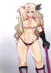 Rule 34 | 1girl, abs, amazon (dragon&#039;s crown), armlet, armor, axe, bikini, bikini armor, blonde hair, blue eyes, boots, breasts, circlet, dragon&#039;s crown, feathers, gloves, green eyes, large breasts, long hair, mamemix, muscular, panties, solo, swimsuit, tattoo, underwear, weapon