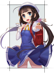 Rule 34 | 10s, 1girl, absurdres, ahoge, backpack, bag, beret, between fingers, blue dress, blue eyes, blush, board game, breasts, brown hair, dress, gaoyang ou nisang, gluteal fold, hat, head tilt, highres, hinatsuru ai, holding, layered sleeves, long hair, long sleeves, looking at viewer, low twintails, open mouth, outstretched arm, panties, puffy short sleeves, puffy sleeves, randoseru, ryuuou no oshigoto!, school uniform, shogi, short over long sleeves, short sleeves, sidelocks, small breasts, solo, teeth, twintails, underwear, upper teeth only, very long hair, white hat, white panties