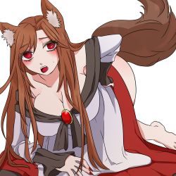 Rule 34 | 1girl, animal ears, blush, breasts, brooch, brown hair, cleavage, dress, fang, female focus, fingernails, highres, imaizumi kagerou, jewelry, kae (hyugafire), large breasts, long hair, long sleeves, looking at viewer, nail polish, open mouth, red eyes, simple background, solo, tail, touhou, white background, wide sleeves, wolf ears, wolf tail