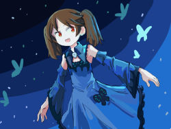 Rule 34 | 1girl, alternate costume, blue dress, brown hair, bug, butterfly, commentary, cosplay, detached sleeves, dress, english commentary, flat chest, frilled dress, frills, hololive, insect, kantai collection, looking to the side, magatama, one-hour drawing challenge, ryuujou (kancolle), sixten, solo, trait connection, twintails, uruha rushia, uruha rushia (cosplay), virtual youtuber, yellow eyes