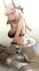 Rule 34 | 1girl, absurdres, arknights, bad id, bad pixiv id, bandages, bare arms, bare shoulders, black tank top, breasts, commentary request, crop top, gradient background, grey background, hachiko (0088), highres, horns, large breasts, long hair, material growth, midriff, mudrock (arknights), mudrock (elite ii) (arknights), oripathy lesion (arknights), parted lips, partial commentary, pointy ears, red eyes, sarashi, silver hair, sitting, solo, tank top, white background