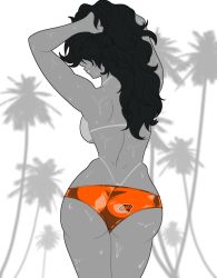 Rule 34 | 1girl, arms up, ass, back, bare back, beach, bikini tan, black hair, breasts, brown hair, butt crack, character request, desingahv, from behind, greyscale, hands in hair, huge ass, long hair, male swimwear, monochrome, one-piece swimsuit, orange one-piece swimsuit, palm tree, sideboob, sweat, swim briefs, swimsuit, tan, tanline, topless, tree
