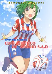 Rule 34 | 1girl, ;d, ball, blush, breasts, brown eyes, character name, club atletico de madrid, dated, gabi, green hair, hairband, highres, idolmaster, idolmaster (classic), inoue sora, large breasts, looking at viewer, mole, mole under mouth, nike (company), one eye closed, open mouth, otonashi kotori, shiny skin, short hair, shorts, signature, smile, soccer, soccer ball, soccer uniform, solo, spain, sportswear, wink