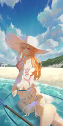 Rule 34 | 2girls, absurdres, arm garter, ass, azur lane, back, bad id, bad pixiv id, bare shoulders, beach, bikini, bikini top only, blue sky, blush, boat, bottomless, breasts, casual one-piece swimsuit, cirilla lin, closed eyes, cloud, day, detached sleeves, from behind, hair bun, hand on headwear, hand up, hat, highres, le malin (azur lane), le malin (mercredi at the secret base) (azur lane), long hair, long sleeves, looking at viewer, looking back, lying, medium breasts, multiple girls, navel, ocean, on side, one-piece swimsuit, orange hair, outdoors, paddle, pillow, pink eyes, pink sweater, richelieu (azur lane), richelieu (fleuron of the waves) (azur lane), sideboob, silver hair, single hair bun, sky, sleeping, sparkle, sun hat, sweater, swimsuit, thigh strap, very long hair, water, watercraft, white bikini, white headwear