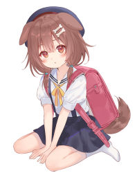 Rule 34 | 1girl, :o, aged down, animal ears, ankle socks, backpack, bag, beret, between legs, blouse, blue skirt, blush, bone hair ornament, braid, brown eyes, brown hair, commentary request, dog ears, dog girl, dog tail, fukahire (ruinon), full body, hair ornament, hand between legs, hat, head tilt, highres, hololive, inugami korone, kindergarten uniform, looking at viewer, medium hair, neck ribbon, official alternate costume, pleated skirt, puffy short sleeves, puffy sleeves, randoseru, ribbon, shirt, short sleeves, short twintails, simple background, sitting, skirt, socks, solo, suspender skirt, suspenders, tail, twin braids, twintails, virtual youtuber, wariza, white background, white shirt, white socks, yellow ribbon