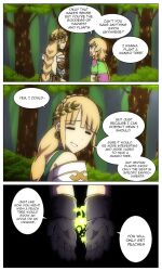 Rule 34 | 2girls, black gloves, blonde hair, braid, bush, closed eyes, demeter (fate), english text, fate/grand order, fate (series), forest, fujimaru lavender, gloves, green shirt, highres, laurel crown, lazyartlazy12, mother and daughter, multiple girls, nature, open mouth, original, purple eyes, scarf, shirt, single braid, speech bubble, tree, yellow scarf