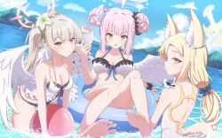 Rule 34 | 3girls, :p, animal ear fluff, animal ears, ball, bare shoulders, beachball, bikini, black bikini, black scrunchie, blonde hair, blue archive, blue flower, blue sky, breasts, brown eyes, brown hair, casual one-piece swimsuit, cleavage, closed mouth, cloud, collarbone, commentary request, day, double bun, flower, hair between eyes, hair bun, hair flower, hair ornament, halo, highres, holding, holding ball, innertube, large breasts, leaning forward, long hair, mika (blue archive), multiple girls, nagisa (blue archive), one-piece swimsuit, outdoors, pink flower, pink hair, red eyes, scrunchie, seia (blue archive), side ponytail, sky, smile, swim ring, swimsuit, synn032, tail, tongue, tongue out, very long hair, wading, water, white bikini, white flower, white one-piece swimsuit, wrist scrunchie, yellow eyes