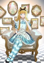Rule 34 | 1girl, absurdres, alice (alice in wonderland), alice in wonderland, apron, black hairband, blonde hair, blue dress, blue eyes, blunt bangs, commentary, crossed legs, dress, english commentary, finger to own chin, frilled apron, frills, full body, gem, hairband, highres, jun (nad-j), long hair, looking at viewer, ornate, sitting, smile, solo, striped clothes, striped thighhighs, thighhighs, tile floor, tiles