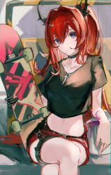 Rule 34 | 1girl, absurdres, arknights, belt, belt collar, black shirt, collar, commentary request, cropped shirt, cross, cross necklace, crossed legs, hair between eyes, hair intakes, highres, holding, holding skateboard, horns, jewelry, karasuro, long hair, looking at viewer, midriff, navel, necklace, official alternate costume, ponytail, purple eyes, red hair, red shorts, shirt, short shorts, short sleeves, shorts, sitting, skateboard, solo, surtr (arknights), surtr (liberte echec) (arknights), t-shirt