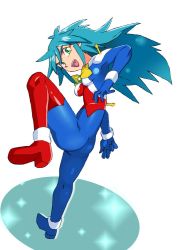 Rule 34 | 1girl, :d, allenby beardsley, antennae, ass, blue bodysuit, blue hair, bodysuit, bow, bracelet, breasts, commentary request, full body, g gundam, green eyes, gundam, high heels, jewelry, knee up, long hair, looking at viewer, mobile trace suit, multicolored bodysuit, multicolored clothes, onnaski, open mouth, red bodysuit, simple background, skin tight, small breasts, smile, solo, teeth, upper teeth only, v-shaped eyebrows