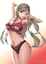 Rule 34 | 1girl, armpits, arms up, blonde hair, blue eyes, blush, bra, breasts, collarbone, crotch zipper, excaliblader, frilled bra, frills, highres, long hair, looking at viewer, medium breasts, navel, panties, parted lips, persona, persona 5, red bra, red panties, simple background, smile, solo, standing, takamaki anne, thighs, twitter username, underboob, underwear, underwear only, very long hair, zipper