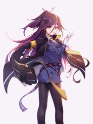 Rule 34 | 1girl, absurdres, belt, benghuai xueyuan, blue shirt, closed mouth, coat, gloves, highres, honkai (series), houraiji kyuushou, long hair, long sleeves, looking at viewer, looking to the side, necktie, polo shirt, purple background, purple coat, purple eyes, purple hair, purple legwear, shirt, simple background, smile, solo, star-ring, white gloves, white shirt, yellow necktie