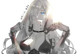Rule 34 | 1girl, absurdres, bad id, bad twitter id, blue eyes, breasts, closed mouth, european water princess, gauntlets, hair between eyes, hair over one eye, highres, kantai collection, large breasts, long hair, mechanical arms, monochrome, neko (ganecooo), one-hour drawing challenge, simple background, single mechanical arm, solo, twitter username, very long hair, white background, white hair