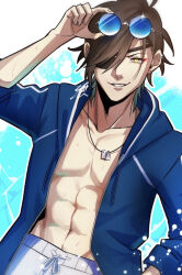 Rule 34 | abs, adjusting eyewear, blue background, blue jacket, brown hair, date masamune (sengoku basara), ear piercing, eyepatch, eyewear on head, grin, highres, jacket, jewelry, looking ahead, looking at viewer, male focus, male swimwear, nd (nuuchadon10), necklace, no shirt, pectorals, piercing, sengoku basara, short hair, shorts, slit pupils, smile, sunglasses, swim trunks, toned, toned male, upper body, water, water drop, white shorts, yellow eyes