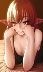 Rule 34 | 1girl, arm support, bare arms, bare shoulders, bed, black shirt, blanket, breasts, cleavage, closed mouth, downblouse, hair between eyes, hands on own cheeks, hands on own face, highres, large breasts, lips, loen, long hair, looking at viewer, lying, miia (monster musume), monster girl, monster musume no iru nichijou, on stomach, orange eyes, pointy ears, red hair, scales, shirt, simple background, sleeveless, sleeveless shirt, slit pupils, smile, solo