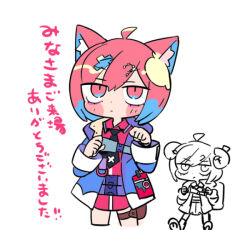 Rule 34 | 1girl, ahoge, animal ear fluff, animal ears, belt, belt bag, black necktie, blue coat, blue sleeves, blush stickers, brown belt, cat ears, check copyright, chibi, clenched hand, closed mouth, coat, collared dress, copyright request, cowboy shot, dress, hair ornament, hood, hood down, hooded coat, horns, light frown, long sleeves, looking at viewer, necktie, original, partially colored, paw pose, pink dress, pink eyes, pink hair, purple hood, sheep horns, short dress, short hair, simple background, terada tera, thigh belt, thigh strap, translation request, white background, x hair ornament