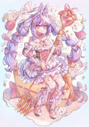 Rule 34 | 1girl, :3, animal ear fluff, animal ears, artist name, blue background, bow, bow choker, bowtie, braid, cake, cake slice, choker, collarbone, commentary, corset, cup, detached collar, dress, dress bow, falling petals, flower, food, footwear bow, fork, frilled dress, frilled sleeves, frills, from above, fruit, full body, hair bow, hair flower, hair ornament, highres, holding, holding fork, juliet sleeves, layered dress, leg warmers, long hair, long sleeves, looking at viewer, off-shoulder dress, off shoulder, original, oversized food, oversized object, petals, pink bow, pink bowtie, pink dress, pink eyes, pink footwear, puffy sleeves, purple hair, rabbit, rabbit ears, shoes, signature, sitting, smile, solo, sparkle, strawberry, symbol-only commentary, teacup, too many, too many frills, tsukumi bis, twin braids, white choker, white flower, x hair ornament
