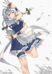 Rule 34 | 1girl, absurdres, apron, between fingers, blue dress, blue eyes, bow, braid, breasts, cowboy shot, dress, frilled apron, frilled dress, frills, green bow, hair bow, highres, holding, holding knife, izayoi sakuya, kinto-kuwa, knife, knives between fingers, looking at viewer, maid, maid headdress, medium breasts, parted lips, puffy short sleeves, puffy sleeves, short hair with long locks, short sleeves, silver hair, smile, solo, touhou, twin braids, waist apron