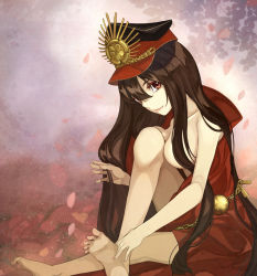 Rule 34 | 1girl, bad anatomy, bad feet, bad id, bad pixiv id, barefoot, black hair, breasts, brown hair, cape, cleavage, fate/grand order, fate (series), feet, hair over breasts, hands on feet, hat, highres, knee up, koha-ace, long hair, looking at viewer, md5 mismatch, medea@nae, medium breasts, naked cape, oda nobunaga, oda nobunaga (fate), oda nobunaga (koha-ace), petals, poorly drawn, red eyes, sitting, smile, soles, solo, toes