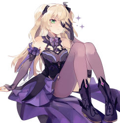 Rule 34 | 1girl, absurdres, asymmetrical legwear, blonde hair, boots, bow, bowtie, closed mouth, commentary, dress, elbow gloves, eyepatch, fischl (genshin impact), full body, genshin impact, gloves, green eyes, hand up, highres, looking at viewer, one eye covered, pantyhose, purple bow, purple bowtie, purple dress, purple footwear, purple gloves, purple thighhighs, rippajun, simple background, sitting, sleeveless, sleeveless dress, solo, sparkle, thighhighs, two side up, white background