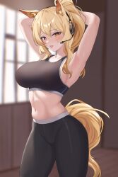 Rule 34 | 1girl, :p, absurdres, animal ear fluff, animal ears, arknights, armpits, arms up, bare shoulders, black pants, blonde hair, blurry, blurry background, blush, breasts, cdof1300, commentary request, cowboy shot, crop top, headset, highres, indoors, large breasts, leggings, long hair, looking at viewer, midriff, navel, nearl (arknights), pants, ponytail, solo, sports bra, standing, stomach, tail, thighs, tongue, tongue out, yellow eyes