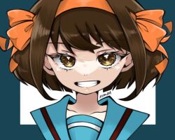 1girl artist_name blue_sailor_collar brown_eyes brown_hair collarbone grin hairband kimume042616 kita_high_school_uniform looking_at_viewer orange_hairband sailor_collar school_uniform short_hair smile solo suzumiya_haruhi suzumiya_haruhi_no_yuuutsu teeth upper_body