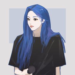 Rule 34 | black shirt, blue background, blue eyes, blue hair, border, commentary, eyeshadow, grey border, highres, holding, holding microphone, k-pop, long hair, looking ahead, makeup, mamamoo, microphone, mole, mole under eye, outside border, pink eyeshadow, qiao nan 1028 hao, real life, shirt, symbol-only commentary, upper body, wheein (mamamoo)
