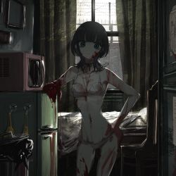 Rule 34 | 1girl, bed, black hair, blood, blood on face, blood on hands, blunt bangs, bra, breasts, chair, closed mouth, curtains, green eyes, hand on own hip, horror (theme), indoors, looking at viewer, microwave, narue, original, panties, refrigerator, short hair, skinny, small breasts, solo, trash can, underwear, white bra, white panties, window