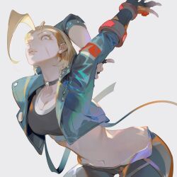 Rule 34 | 1girl, blue eyes, breasts, cammy white, cleavage, crop top, highres, jacket, long sleeves, lucaxu1991, medium breasts, midriff, navel, pants, solo, street fighter, street fighter 6, stretching, wide hips