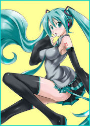 Rule 34 | 1girl, aqua eyes, aqua hair, black thighhighs, breasts, covered erect nipples, detached sleeves, hatsune miku, headphones, large breasts, long hair, lowres, necktie, skirt, solo, thighhighs, twintails, very long hair, vocaloid, zettai ryouiki