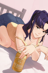 Rule 34 | 1girl, absurdres, alcohol, arched back, beer, beer can, brown eyes, can, dnaitari, drink can, highres, indoors, katsuragi misato, long hair, looking at viewer, neon genesis evangelion, on bed, purple hair, shirt, shorts, sleeveless, sleeveless shirt, smile, solo, yellow shirt