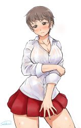 Rule 34 | 10s, 1girl, artist name, blush, breasts, brown eyes, brown hair, cleavage, dress shirt, freckles, girls und panzer, highres, large breasts, naomi (girls und panzer), see-through, shirt, short hair, signature, skirt, sleeves rolled up, solo, solokov (okb-999), thighs, very short hair, wet, wet clothes, white background, white shirt